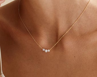 Real Pearl Necklace – Dainty 3 Pearl Necklace, Plated Minimalist Jewelry, Wedding Necklace, Bridesmaid Gift, Anniversary Gifts for Her