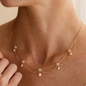Natural Pearl Necklace, Freshwater Pearl Choker, Gold Pearl Beaded Necklace, Pearl Drapery Fringe, Wedding Jewelry Set, Gift for Her