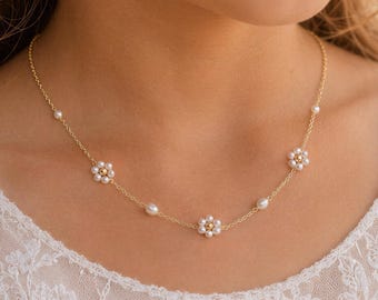 Halsband med äkta pärlor för blomsterflicka, elegant sötvattenspärlhalsband, present till blomsterflicka, smycken för yngre brudtärnor, bröllopshalsband