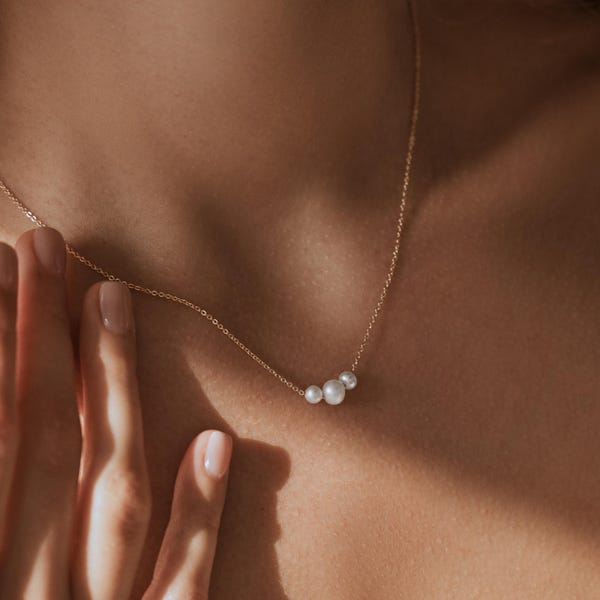 Real Pearl Necklace – Dainty 3 Pearl Necklace, Plated Minimalist Jewelry, Wedding Necklace, Bridesmaid Gift, Gift for Her, Gifts for Mom