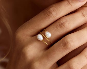 Double Pearl Adjustable Ring, Minimalist Gold Pearl Band, Delicate Promise Ring, Gift for Her, Birthday Gift, Gifts for Mom
