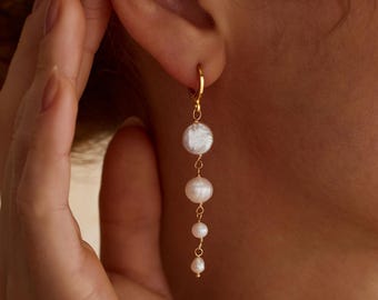 925 Silver Hoop Pearl Earrings,Coin Baroque Pearl Dangle,4 Pearl Drop,Gold Huggie Hoops,Bridal Wedding Jewelry,June Birthstone