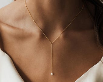 Perle Y Halskette, Süßwasser Perle Halskette, Gold Halskette, Hochzeitsschmuck, Braut Halskette, Minimalist Schmuck, Geschenke für Mama