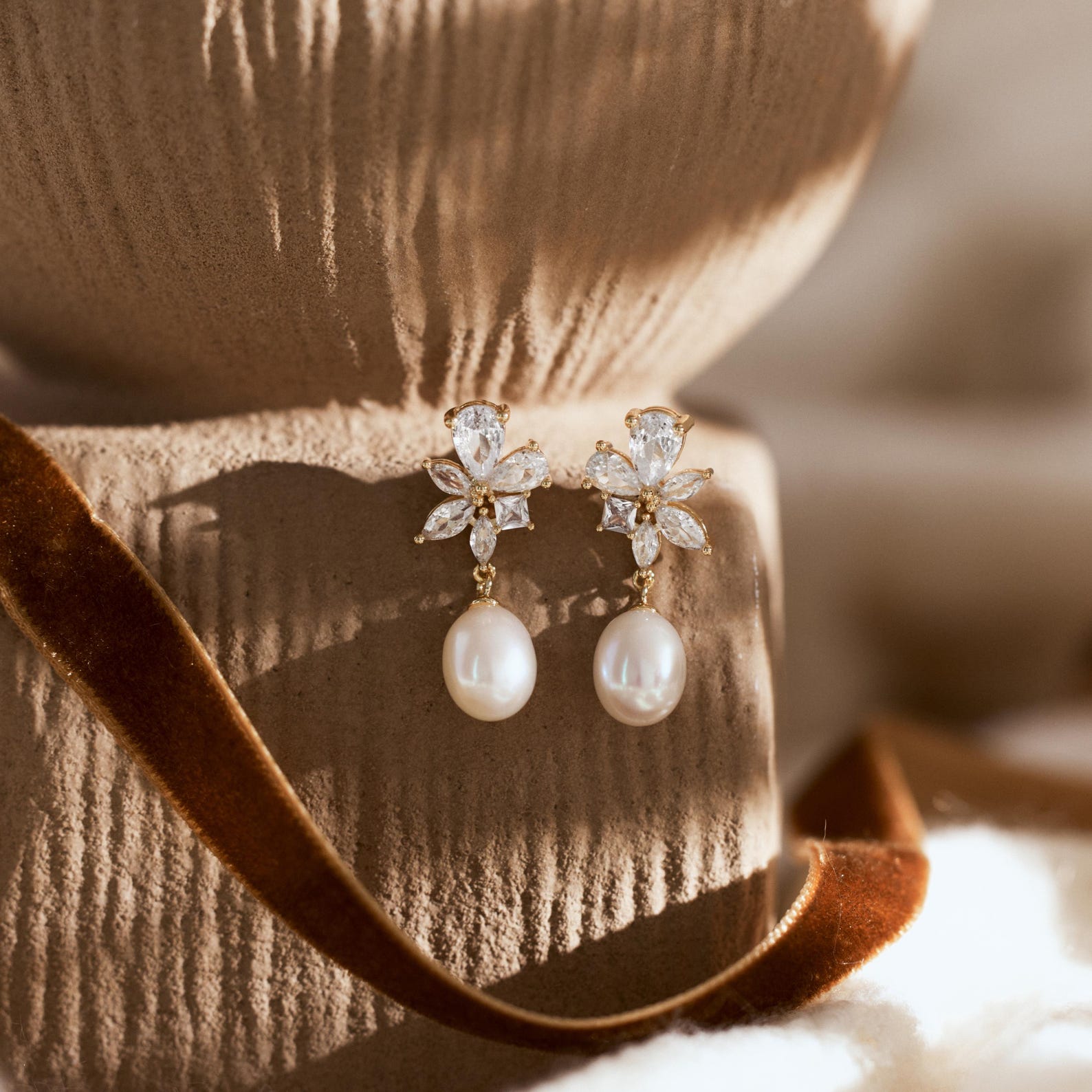 Dainty Diamond Flower Pearl Earrings, Etsy
