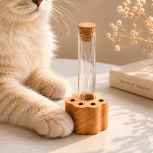 Puede incluir: Un tubo de ensayo de vidrio transparente con tapón de corcho, que contiene bigotes blancos finos, insertado en una base de madera de color marrón claro con forma de huella y cinco hendiduras circulares. La base tiene veta visible.