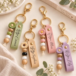 Personalized Floral Keychain, Custom Name PU Leather Keychain, Birth Flower Key Ring, Personalized Gift for Her, Bag Charm