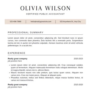 May include: A resume for Olivia Wilson, a Certified Public Accountant. The resume includes contact information, a professional summary, and work experience.