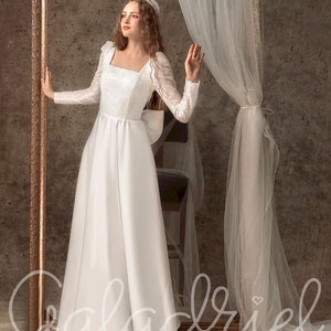 Vestido de novia de escote cuadrado único, vestido de novia bohemio de manga larga, vestido de novia formal, vestido de novia sencillo y elegante, vestido de novia.