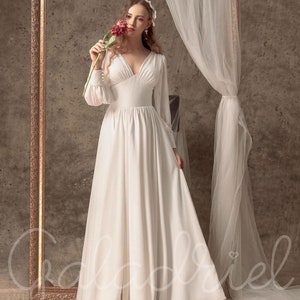 Vestido de novia sencillo y elegante, vestido de novia minimalista, vestido de novia de manga larga y cintura imperio, vestido de novia modesto, vestido de novia.