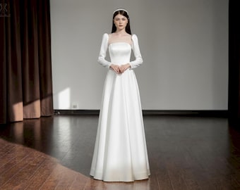 A-Line Long Sleeve Open Back Wedding Dress, Modern Bridal Gown