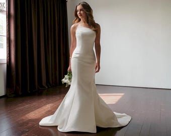 Strapless Asymmetrical Mermaid Wedding Dress, Sheer Corset Back, Modern Bridal Gown