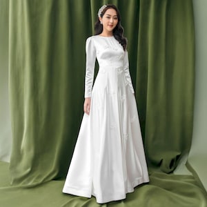 Simple and Elegant Wedding Dress, Long Sleeve Wedding Dress, Open Back Wedding Dress with Back Cross Tie, White A Line Wedding Dress.