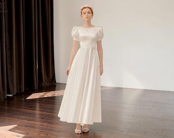 Vestido de novia de corte A con mangas abullonadas, hecho a mano, vestido de novia largo y modesto