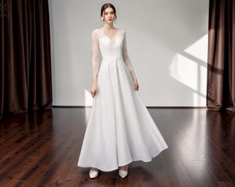 A-Line Lace Long Sleeve Simple Wedding Dress, Boho Bridal Gown