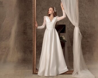 Boho Lace Long Sleeve Wedding Dress, Modern Formal Bridal Gown