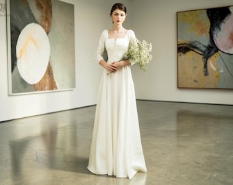 A-Line Square Neck Long Sleeve Wedding Dress, Modern Bridal Gown