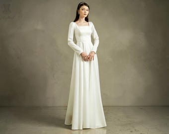 Vestido de novia minimalista con escote cuadrado: vestido de novia de corte A con mangas largas