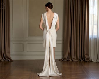 Minimalist Short Wedding Dress, Open Back Elopement Gown, Modern Reception Bridal Mini Dress