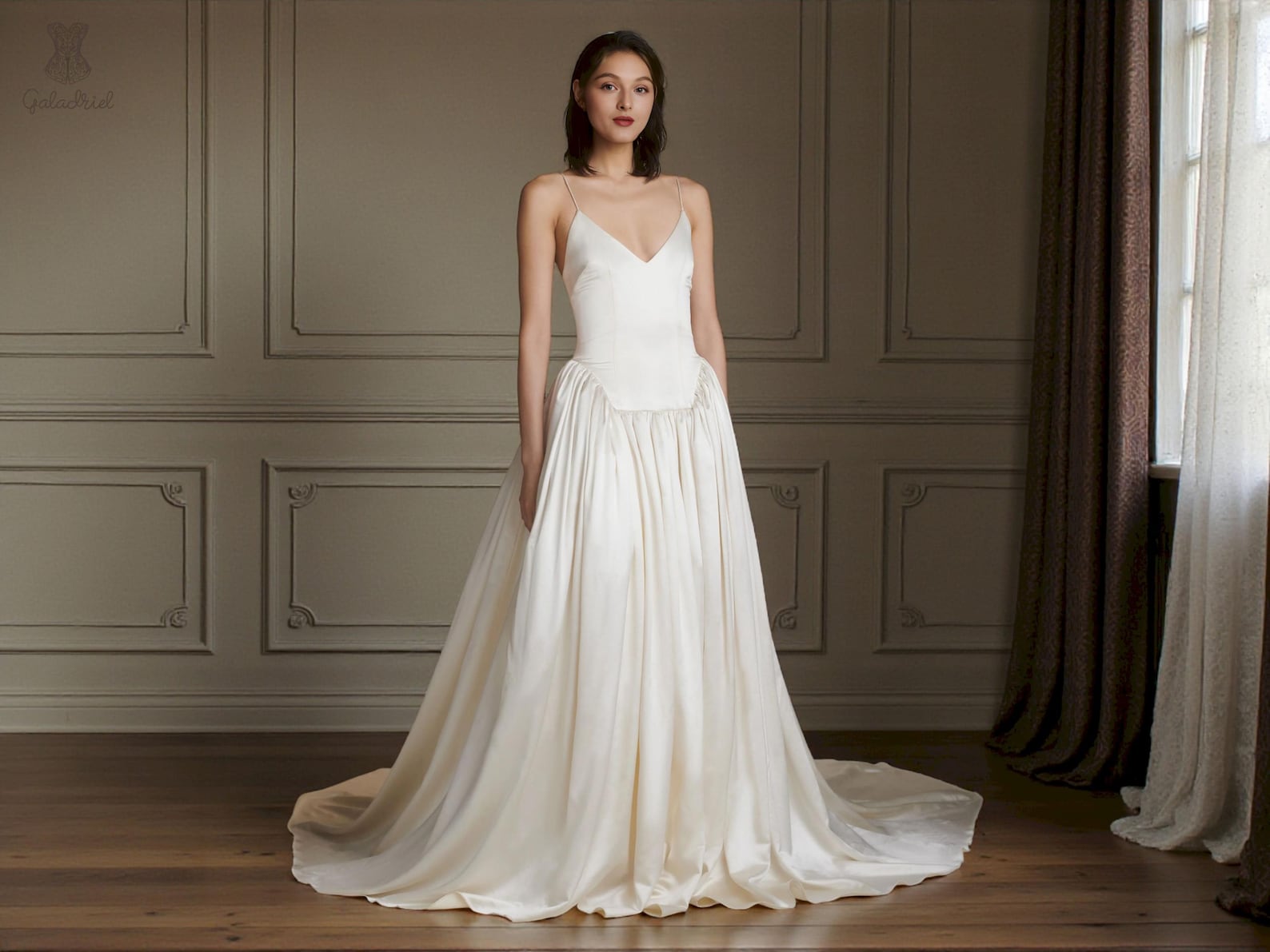 Ivory Basque Ivory Satin Wedding Dress, Elongated Basque Waist, Modern Spaghetti ...