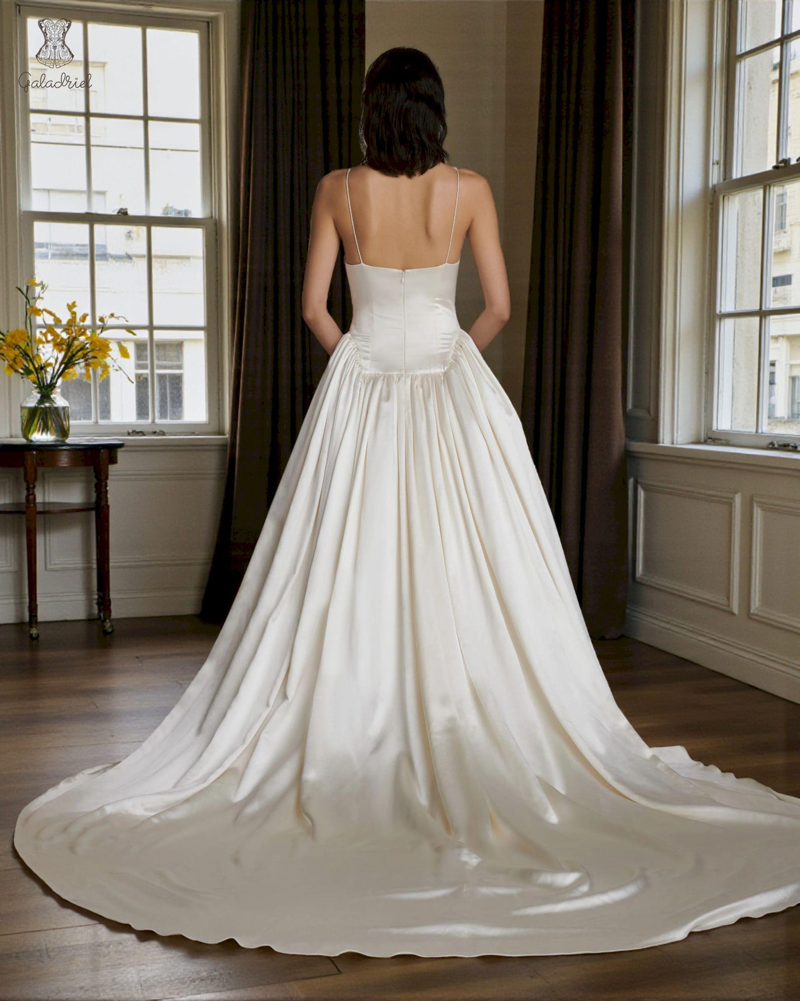 Ivory Basque Ivory Satin Wedding Dress, Elongated Basque Waist, Modern Spaghetti ...
