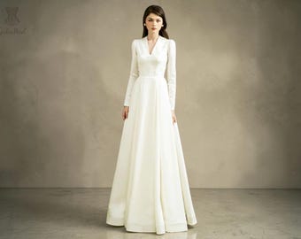 Formal A-Line Wedding Dress: Elegant Long Sleeve Open Back Bridal Gown