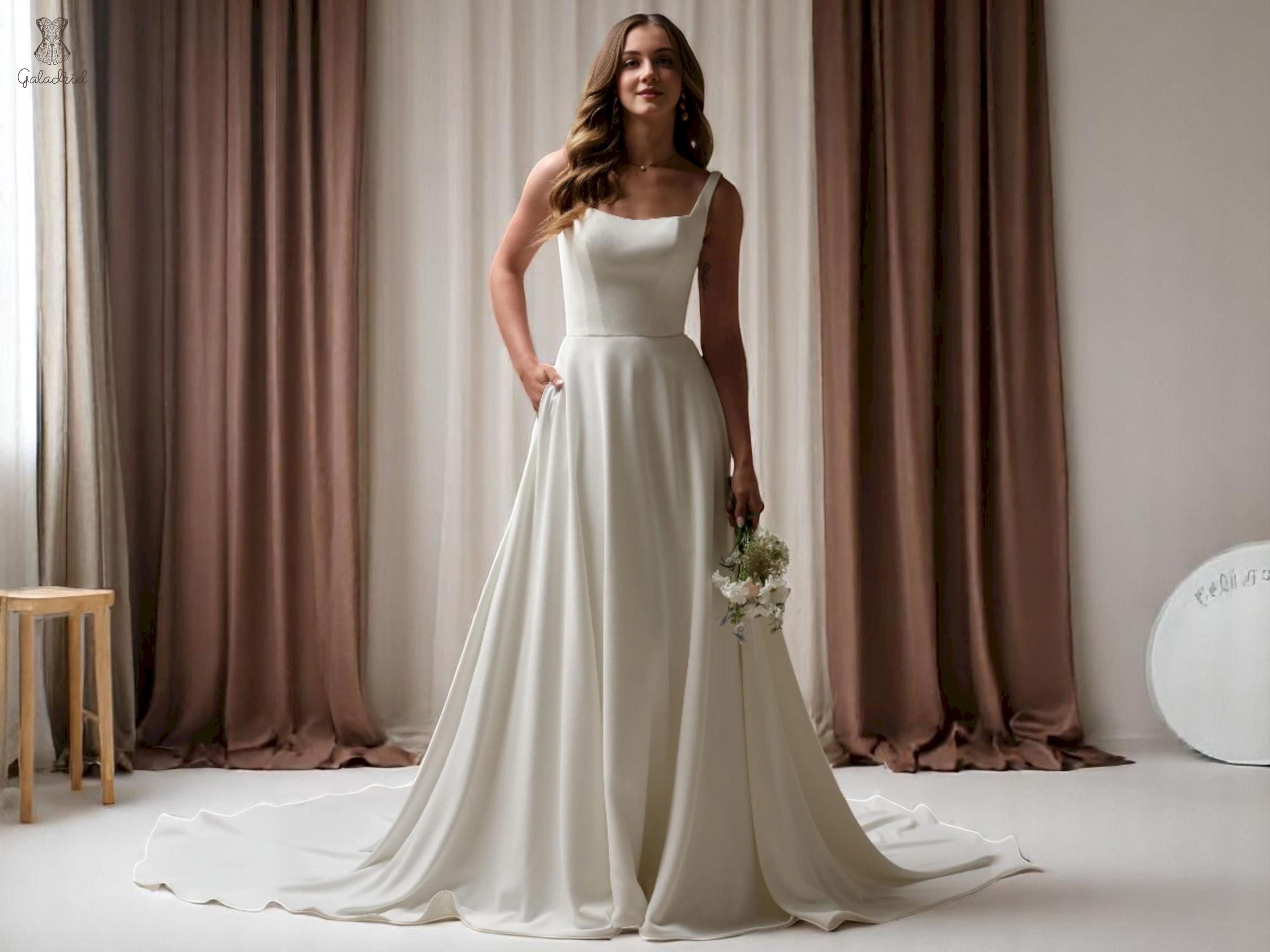 Simple A Line Bridal Gown with Square Neckline, Minimalist Wedding Dress with Button Back Train, Rustic Wedding Dress, Crepe Wedding Dress.