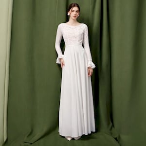 Unique Long Sleeve Wedding Dress, Simple Bell Sleeve Wedding Dress, Boho Lace Wedding Dress, Modern Wedding Dress, Boat Neck Bridal Dress.