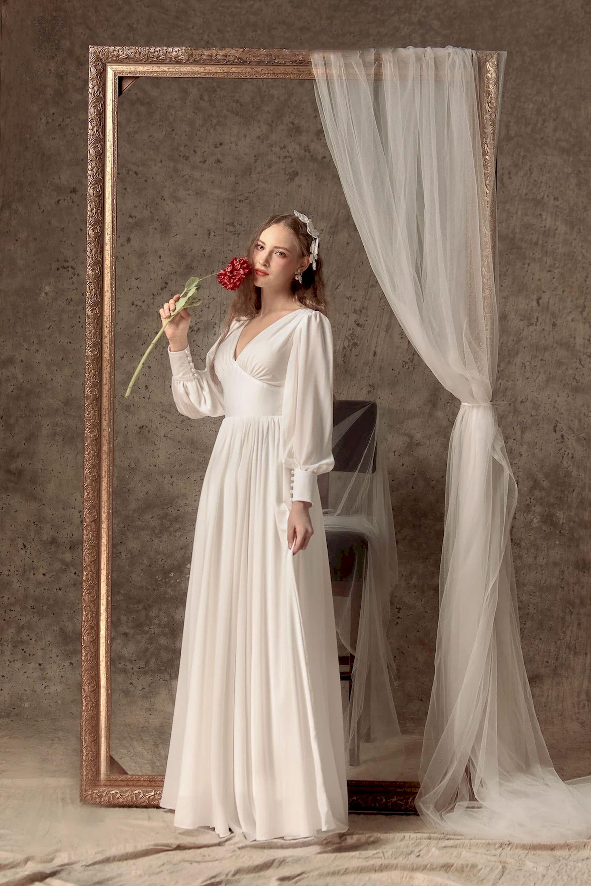 empire waist long sleeve wedding dress Boho Empire Lace Bridal Gown with V-Neck and Long Sleeves