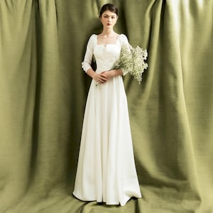 A Line Square Neck Wedding Dress, Modern Long Sleeve Wedding Dress, Formal Wedding Dress, Fairy Wedding Dress, Bridal Dress.