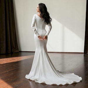 Modest Sleek Mermaid Wedding Dress, Long Sleeve Cowl Neck Bridal Gown with Train image 2
