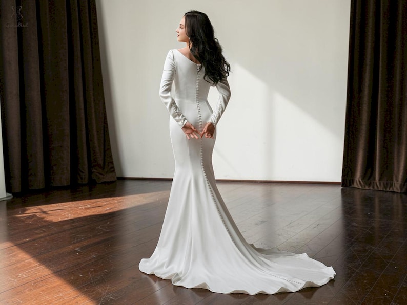 Modest Sleek Mermaid Wedding Dress, Long Sleeve Cowl Neck Bridal Gown with Train image 2