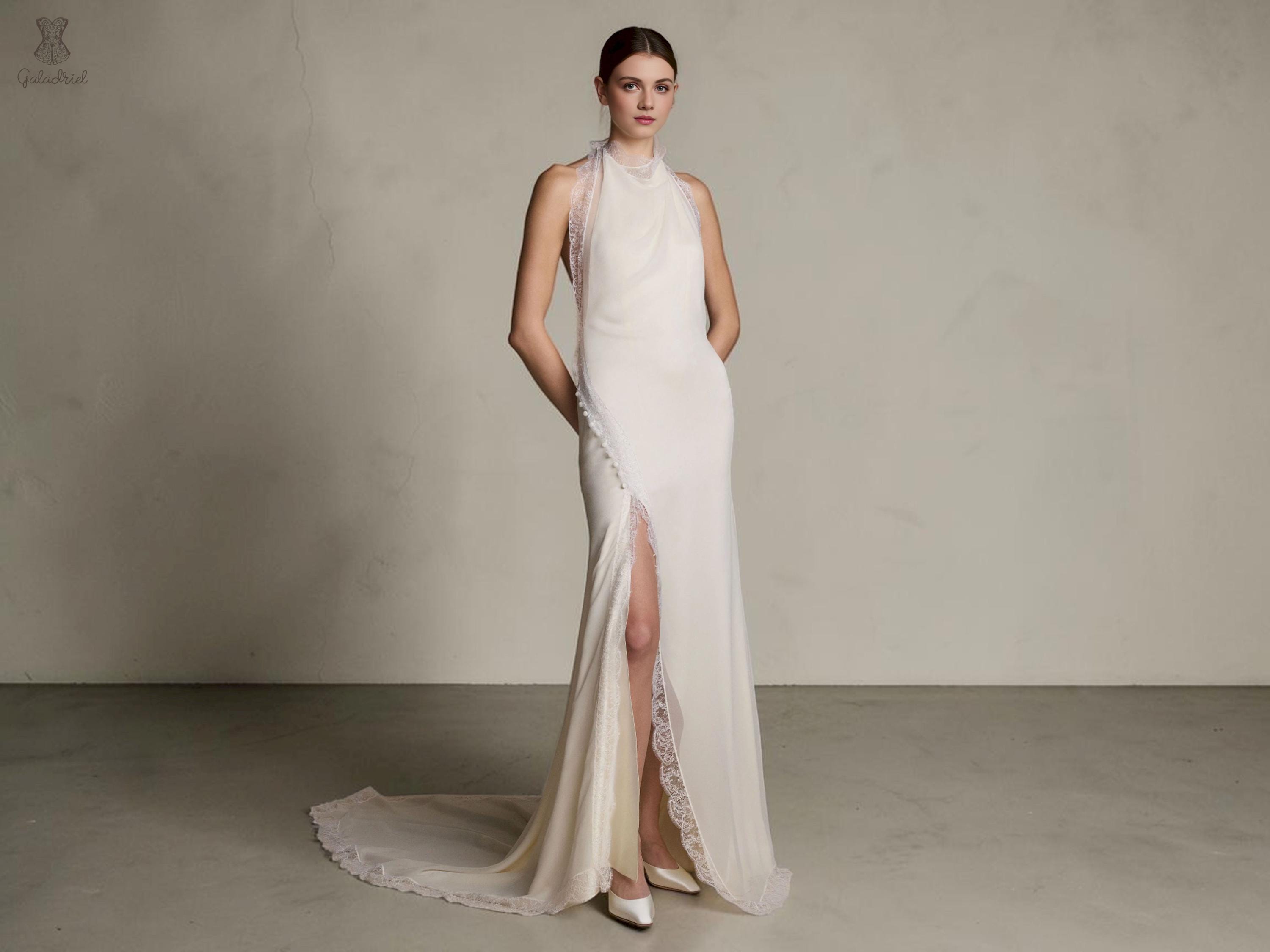 halter lace sheath dress Trim Wedding Dress, Backless Satin Gown, Boho Elopement stylish maternity gown