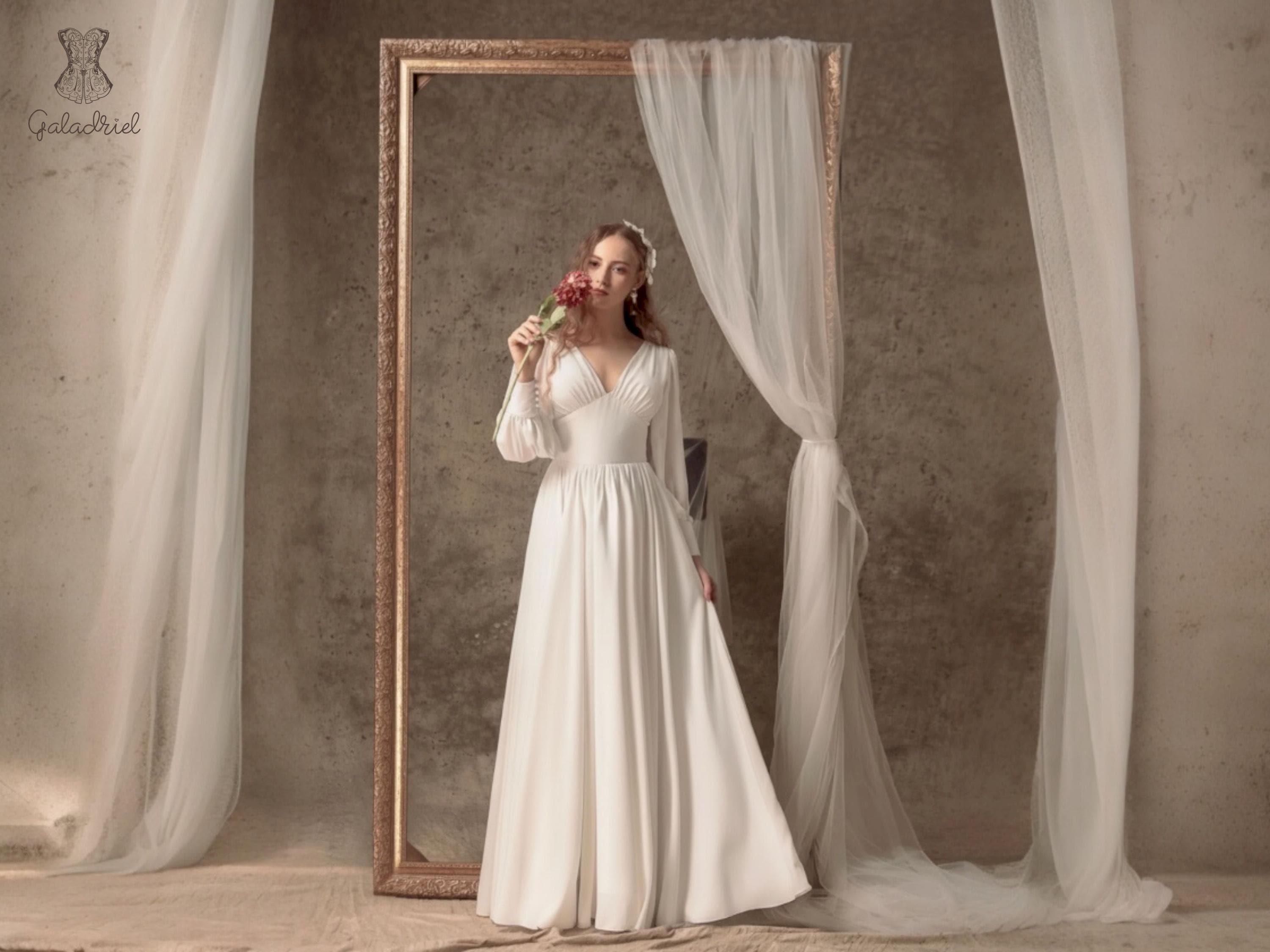 modest empire waist wedding dresses Ivory A-Line Wedding Dress with Empire Waist Long Sleeves Wedding Dress with High Slit Plus Size PAOLA