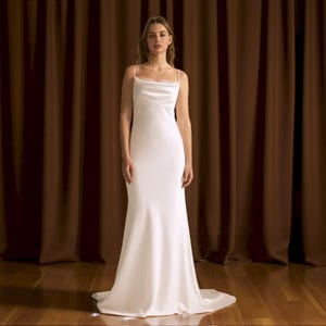 Ivory Satin Cowl Neck Wedding Dress, Chantilly lace trimmed Low Back Wedding Dress, Modern Wedding Dress with Sweep Train.