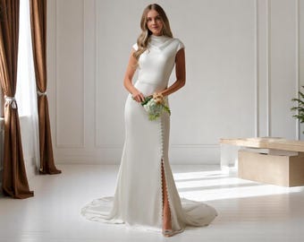 High Neck Satin Wedding Dress with Cap Sleeves, Button Front Slit Bridal Gown with Sweep Train, Modern Wedding Dress, Unique Wedding Dress.