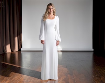 Elegant Square Neck Long Sleeve Wedding Dress, Minimalist Mermaid Bridal Gown