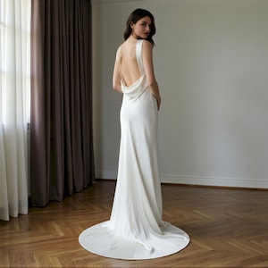 boat neck open back white dress Julia Boat Neck Open Back Satin Wedding Dress | Bone and Grey Bridal