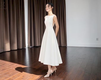 Simple A-Line Midi Wedding Dress, Boat Neck Bridal Gown