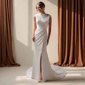 Minimalist Crepe Mermaid Wedding Dress: High Neck, Back Bow