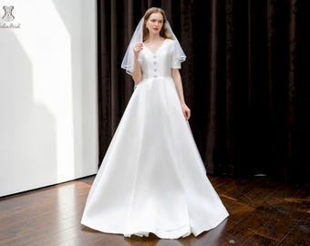 Vestido de novia de corte A con espalda ladeada, vestido de novia formal y modesto