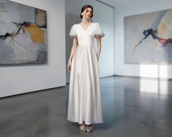A-Line Wedding Dress, Modern Elegant Bridal Gown, Handmade Formal V-Neck Bride Dress