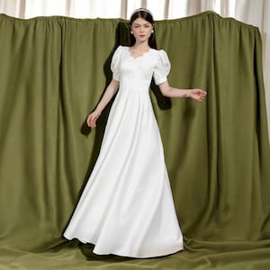 A Line Puff Sleeve Wedding Dress, Simple Wedding Dress, Formal Wedding Dress, Wedding Dress with Straps Back, Unique Wedding Dress, Bridal.