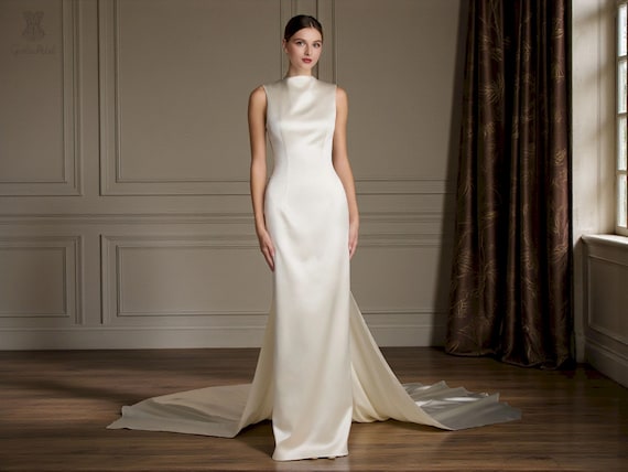 Ivory Satin Wedding Dress, High-Neck Sheath Gown, Detachable Train, Open Back