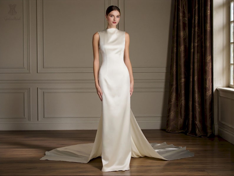 K&ouml;nnte beinhalten: Ein &auml;rmelloses, elfenbeinfarbenes Hochzeitskleid mit hohem Ausschnitt und langer Schleppe. Das Kleid ist aus einem glatten, satinartigen Stoff gefertigt. Das Model steht vor einer Wand mit dekorativen Paneelen und einem dunkelbraunen Vorhang.
