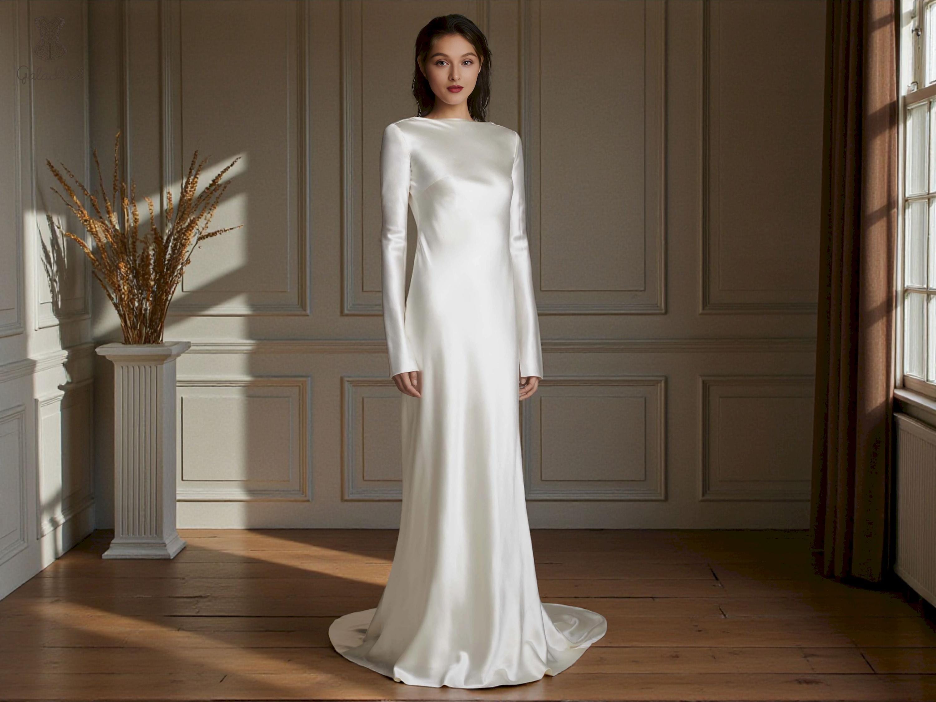long sleeve satin wedding dress uk Satin Modest Wedding Dress: Long Sleeves, Cathedral Train, Winter Bridal Gown for Church Ceremony