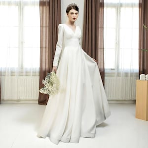 Simple and Elegant Long Sleeve Wedding Dress, Modest Wedding Dress with Empire Waist, Rustic Wedding Dress, Formal Wedding Dress.