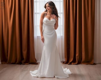 Cowl Neck Mermaid Wedding Dress, Modern Fit and Flare Wedding Dress, Sexy Open Lace Up Back Wedding Dress, Minimalist Satin Sweep Train Gown