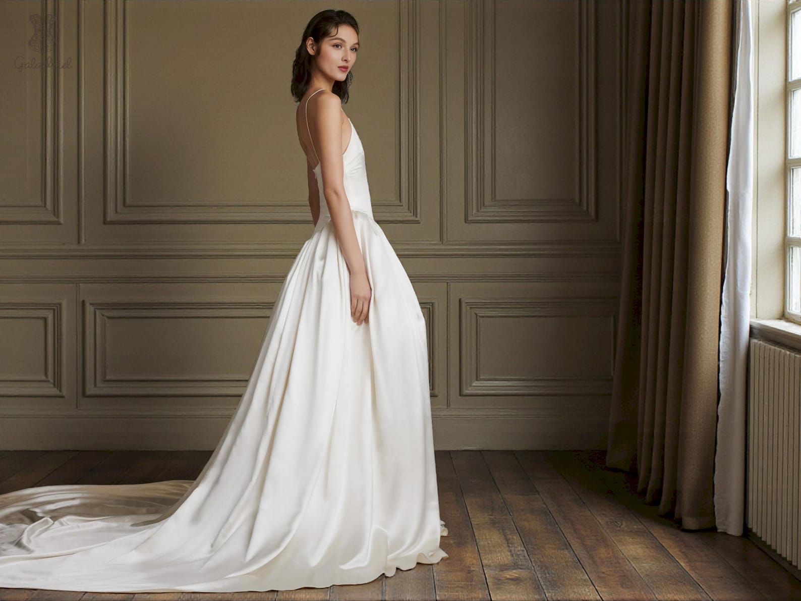 Ivory Basque Ivory Satin Wedding Dress, Elongated Basque Waist, Modern Spaghetti ...