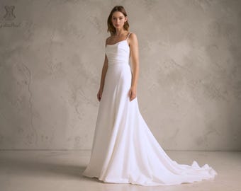 Minimalist Ivory Crepe Wedding Dress, Spaghetti Strap Bridal with Sweep Train