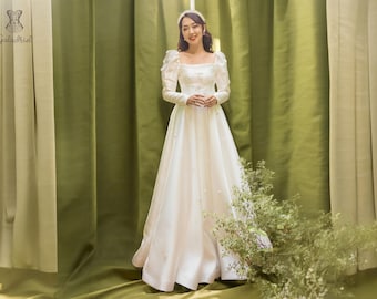 Long Sleeve Formal Wedding Dress, Elegant Square Neck Wedding Dress, Rustic A Line Wedding Dress, Simple Wedding Dress, Modest Wedding Dress